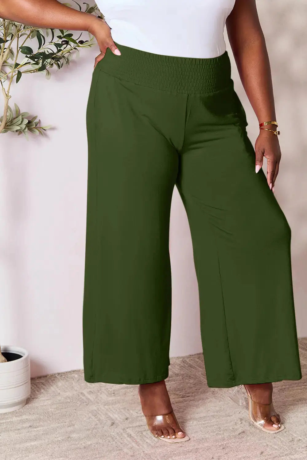 Basic Bae Full Size Smocked Wide Waistband Wide Leg Pants - Love Salve